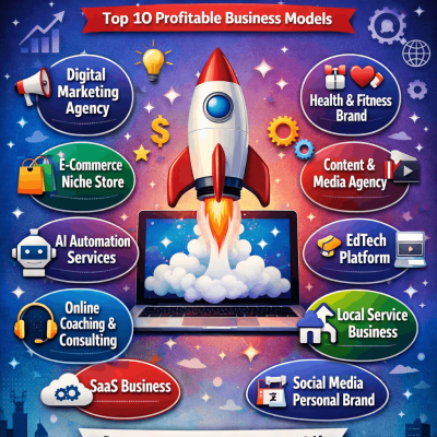 Infographic titled “Successful Startup Ideas 2026” showing top 10 profitable business models including digital marketing agency, e-commerce niche store, AI automation services, SaaS business, health and fitness brand, EdTech platform, content agency, online coaching, local service business, and social media personal brand with a rocket launching from a laptop symbolizing startup growth.