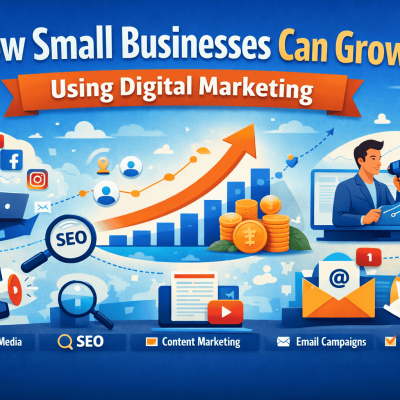 Illustration showing how small businesses can grow using digital marketing with SEO, social media marketing, content marketing, email campaigns, and paid ads represented by growth chart, icons, and online business tools.